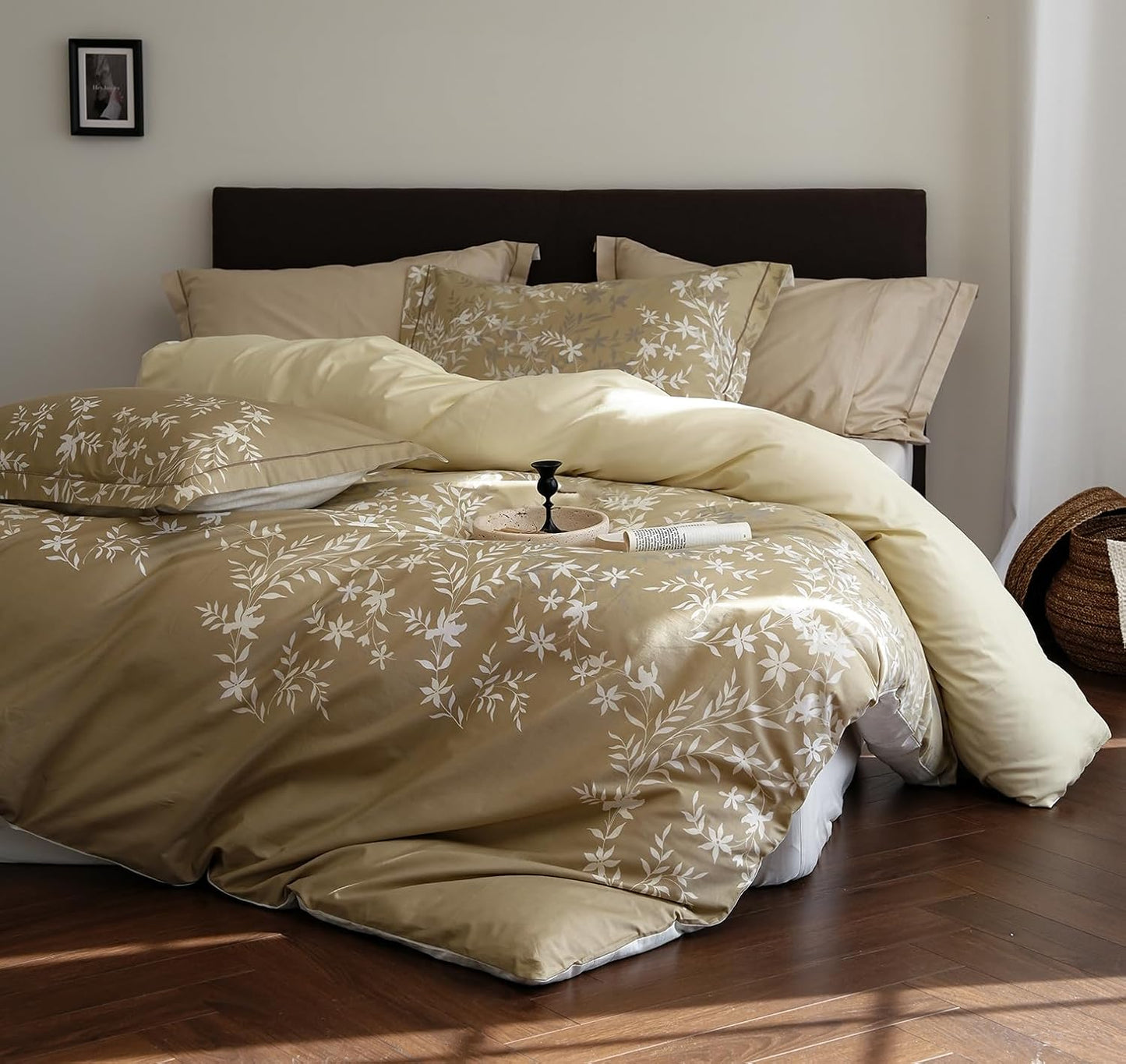 Comforter Queen Size - 100% Cotton Gradient Mustard Yellow Floral Reversible Comforter Set, Luxury and Breathable Bedding Set for All Season, 3 Pieces, 90"x90"