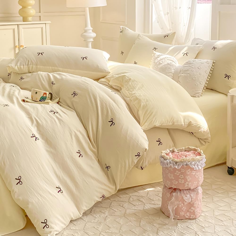 Bow Duvet Cover Queen Size Reversible Aesthetic Duvet Cover 3 Pieces Soft Lightweight Microfiber Kids Girls Cute Dorm Bedding Set, White/Yellow