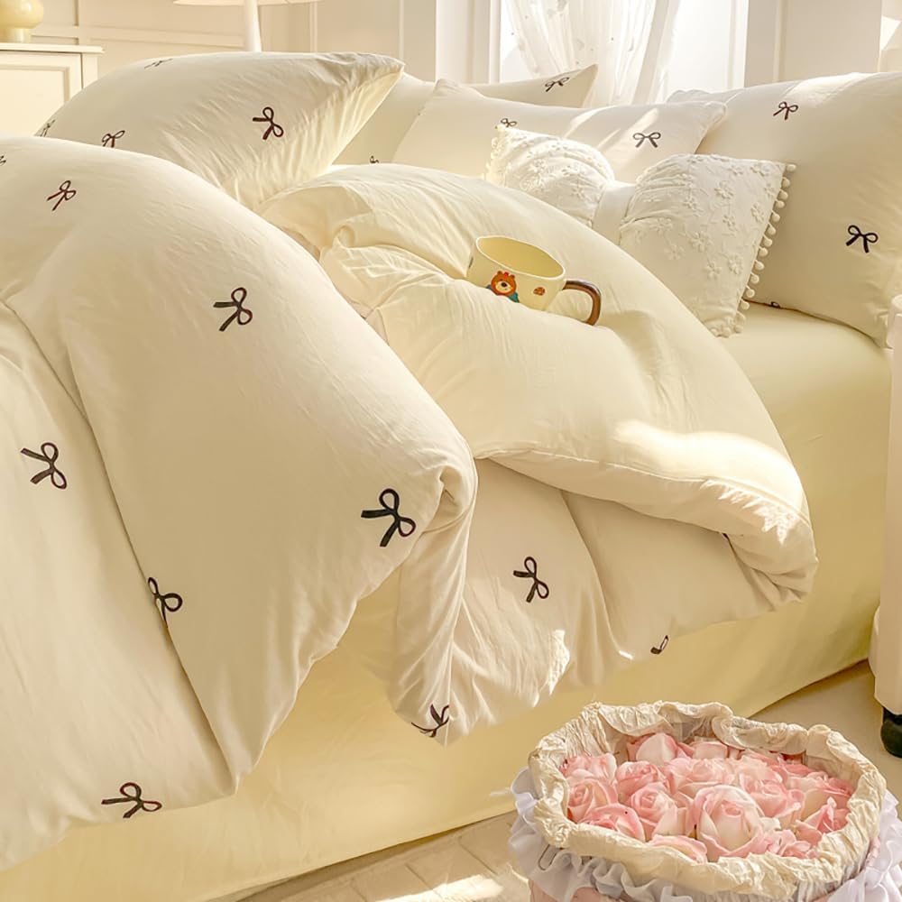 Bow Duvet Cover Queen Size Reversible Aesthetic Duvet Cover 3 Pieces Soft Lightweight Microfiber Kids Girls Cute Dorm Bedding Set, White/Yellow