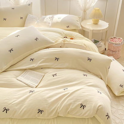 Bow Duvet Cover Queen Size Reversible Aesthetic Duvet Cover 3 Pieces Soft Lightweight Microfiber Kids Girls Cute Dorm Bedding Set, White/Yellow