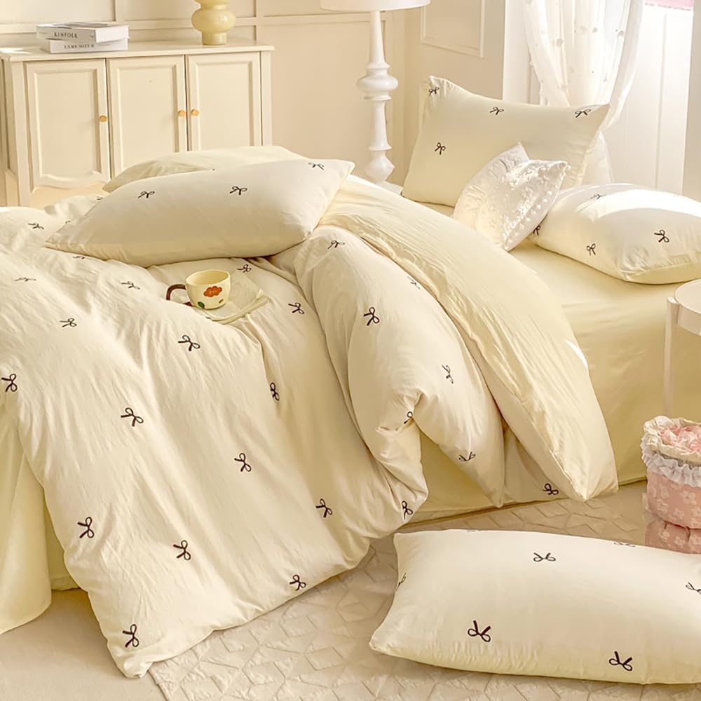 Bow Duvet Cover Queen Size Reversible Aesthetic Duvet Cover 3 Pieces Soft Lightweight Microfiber Kids Girls Cute Dorm Bedding Set, White/Yellow
