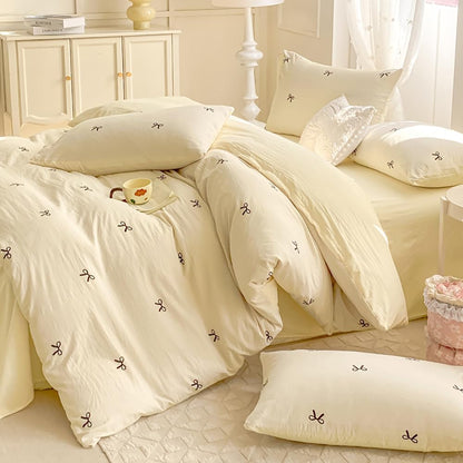 Bow Duvet Cover Queen Size Reversible Aesthetic Duvet Cover 3 Pieces Soft Lightweight Microfiber Kids Girls Cute Dorm Bedding Set, White/Yellow