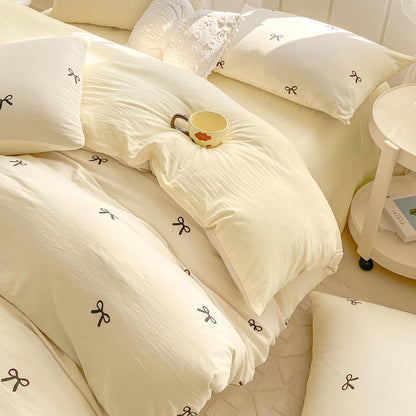 Bow Duvet Cover Queen Size Reversible Aesthetic Duvet Cover 3 Pieces Soft Lightweight Microfiber Kids Girls Cute Dorm Bedding Set, White/Yellow