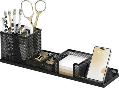 Pen Holder for Desk, 6-Piece Mesh Desk Organizer with Phone Holder, Gold | 6-Piece Black Mesh Desk Set Includes Pen Cups, a Sticky Note Caddy and Phone Holder for Office, School, Home