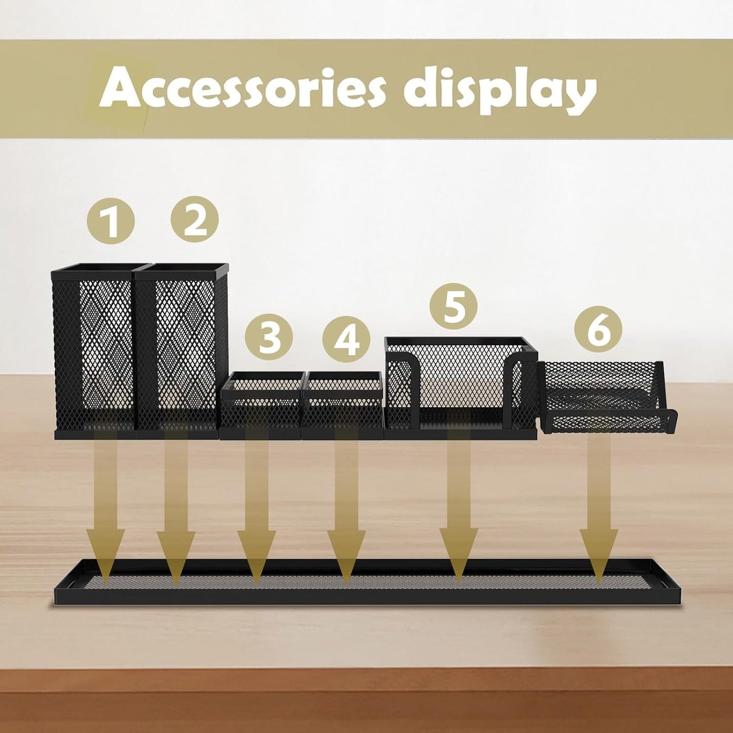Pen Holder for Desk, 6-Piece Mesh Desk Organizer with Phone Holder, Gold | 6-Piece Black Mesh Desk Set Includes Pen Cups, a Sticky Note Caddy and Phone Holder for Office, School, Home