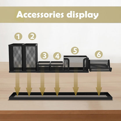 Pen Holder for Desk, 6-Piece Mesh Desk Organizer with Phone Holder, Gold | 6-Piece Black Mesh Desk Set Includes Pen Cups, a Sticky Note Caddy and Phone Holder for Office, School, Home