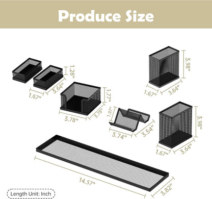 Pen Holder for Desk, 6-Piece Mesh Desk Organizer with Phone Holder, Gold | 6-Piece Black Mesh Desk Set Includes Pen Cups, a Sticky Note Caddy and Phone Holder for Office, School, Home