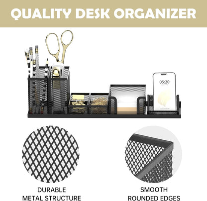 Pen Holder for Desk, 6-Piece Mesh Desk Organizer with Phone Holder, Gold | 6-Piece Black Mesh Desk Set Includes Pen Cups, a Sticky Note Caddy and Phone Holder for Office, School, Home