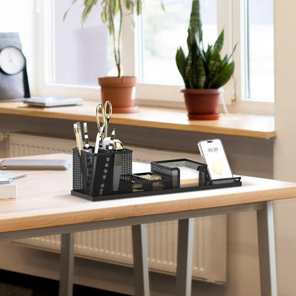 Pen Holder for Desk, 6-Piece Mesh Desk Organizer with Phone Holder, Gold | 6-Piece Black Mesh Desk Set Includes Pen Cups, a Sticky Note Caddy and Phone Holder for Office, School, Home
