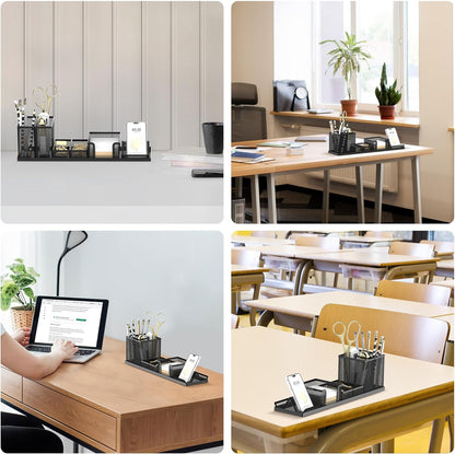 Pen Holder for Desk, 6-Piece Mesh Desk Organizer with Phone Holder, Gold | 6-Piece Black Mesh Desk Set Includes Pen Cups, a Sticky Note Caddy and Phone Holder for Office, School, Home