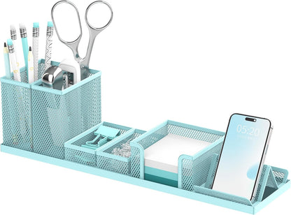 Pen Holder for Desk, 6-Piece Mesh Desk Organizer with Phone Holder, Gold | 6-Piece Black Mesh Desk Set Includes Pen Cups, a Sticky Note Caddy and Phone Holder for Office, School, Home