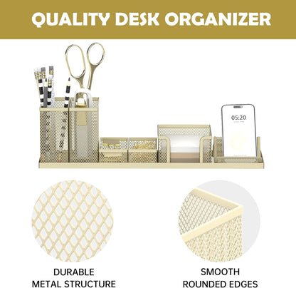 Pen Holder for Desk, 6-Piece Mesh Desk Organizer with Phone Holder, Gold | 6-Piece Black Mesh Desk Set Includes Pen Cups, a Sticky Note Caddy and Phone Holder for Office, School, Home