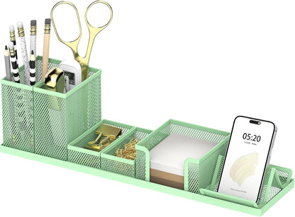Pen Holder for Desk, 6-Piece Mesh Desk Organizer with Phone Holder, Gold | 6-Piece Black Mesh Desk Set Includes Pen Cups, a Sticky Note Caddy and Phone Holder for Office, School, Home