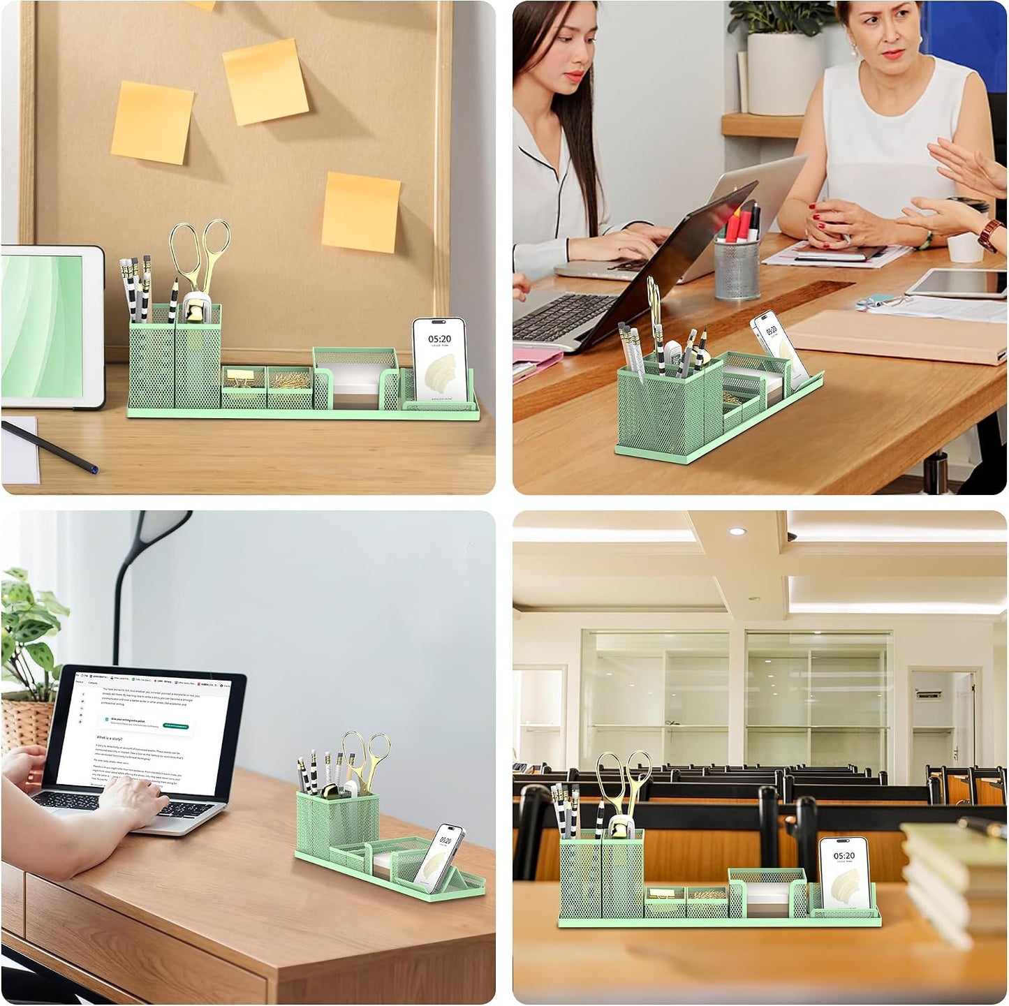 Pen Holder for Desk, 6-Piece Mesh Desk Organizer with Phone Holder, Gold | 6-Piece Black Mesh Desk Set Includes Pen Cups, a Sticky Note Caddy and Phone Holder for Office, School, Home