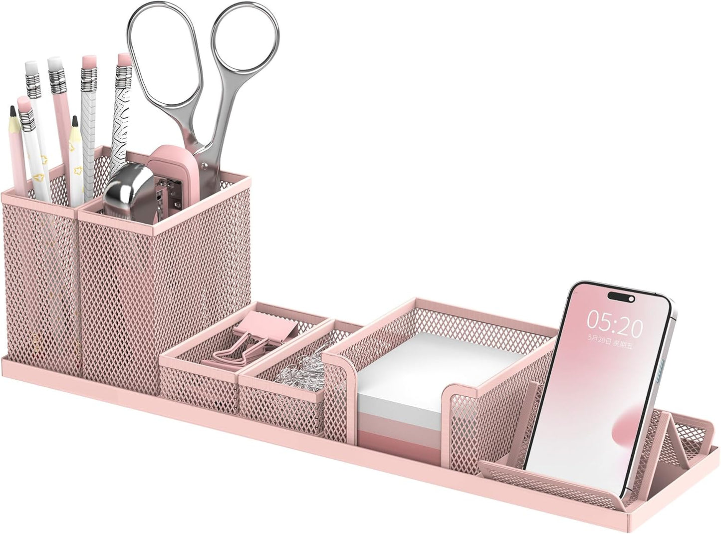 Pen Holder for Desk, 6-Piece Mesh Desk Organizer with Phone Holder, Gold | 6-Piece Black Mesh Desk Set Includes Pen Cups, a Sticky Note Caddy and Phone Holder for Office, School, Home