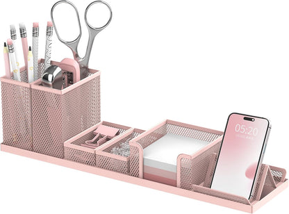 Pen Holder for Desk, 6-Piece Mesh Desk Organizer with Phone Holder, Gold | 6-Piece Black Mesh Desk Set Includes Pen Cups, a Sticky Note Caddy and Phone Holder for Office, School, Home