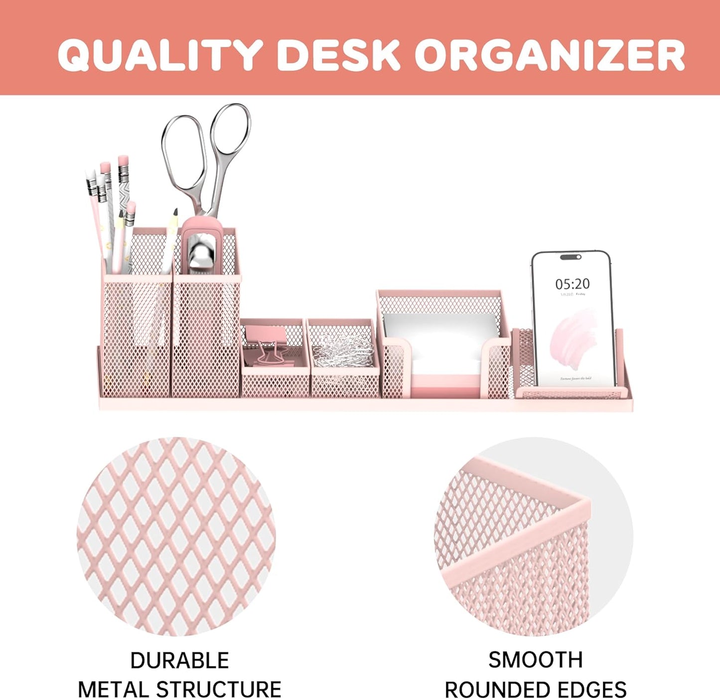Pen Holder for Desk, 6-Piece Mesh Desk Organizer with Phone Holder, Gold | 6-Piece Black Mesh Desk Set Includes Pen Cups, a Sticky Note Caddy and Phone Holder for Office, School, Home