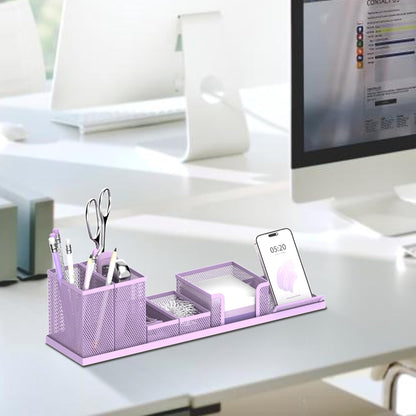 Pen Holder for Desk, 6-Piece Mesh Desk Organizer with Phone Holder, Gold | 6-Piece Black Mesh Desk Set Includes Pen Cups, a Sticky Note Caddy and Phone Holder for Office, School, Home