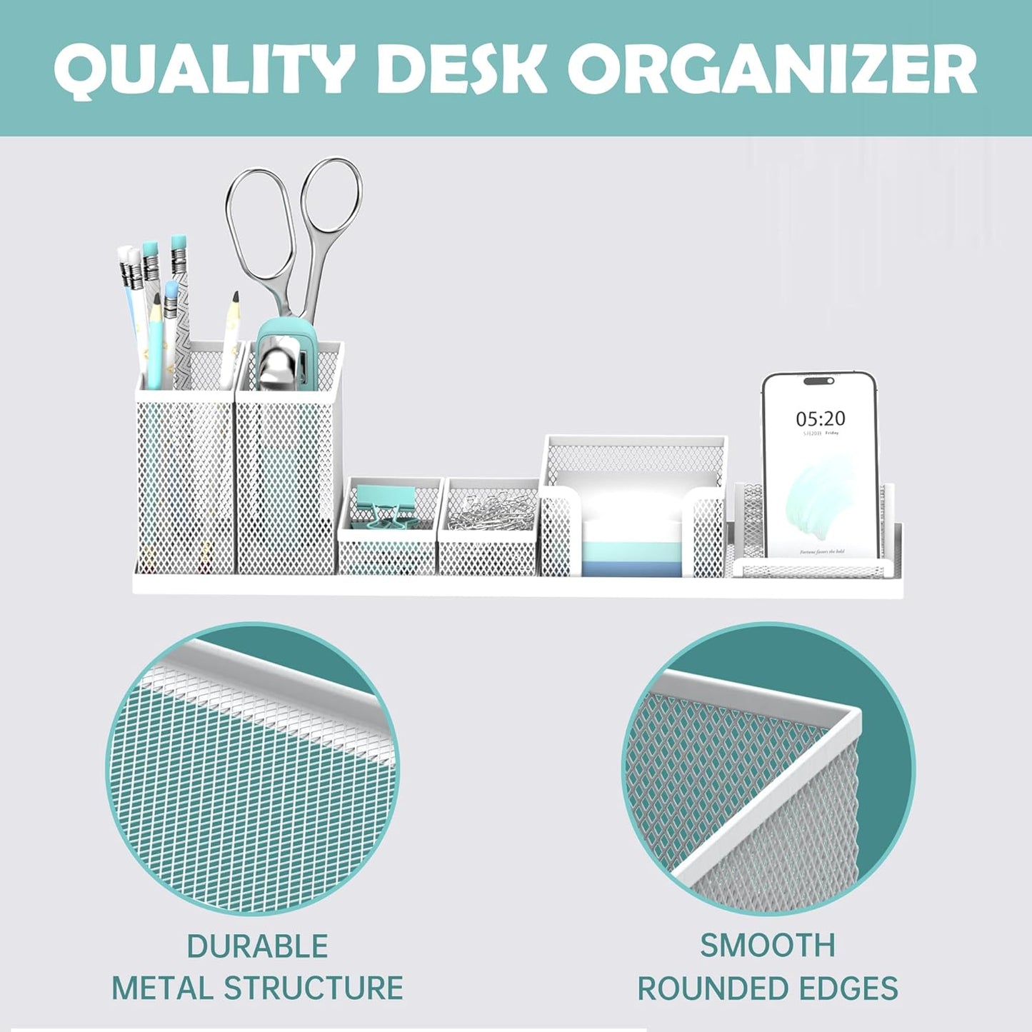 Pen Holder for Desk, 6-Piece Mesh Desk Organizer with Phone Holder, Gold | 6-Piece Black Mesh Desk Set Includes Pen Cups, a Sticky Note Caddy and Phone Holder for Office, School, Home