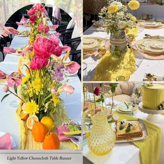 10 Pack Yellow Table Runner 21x120 Inch Light Yellow Cheesecloth Table Runner 10FT Boho Gauze Table Runner Long Cheese Cloth Table Runner Semi Sheer Runners for Wedding Bridal Baby Shower Party