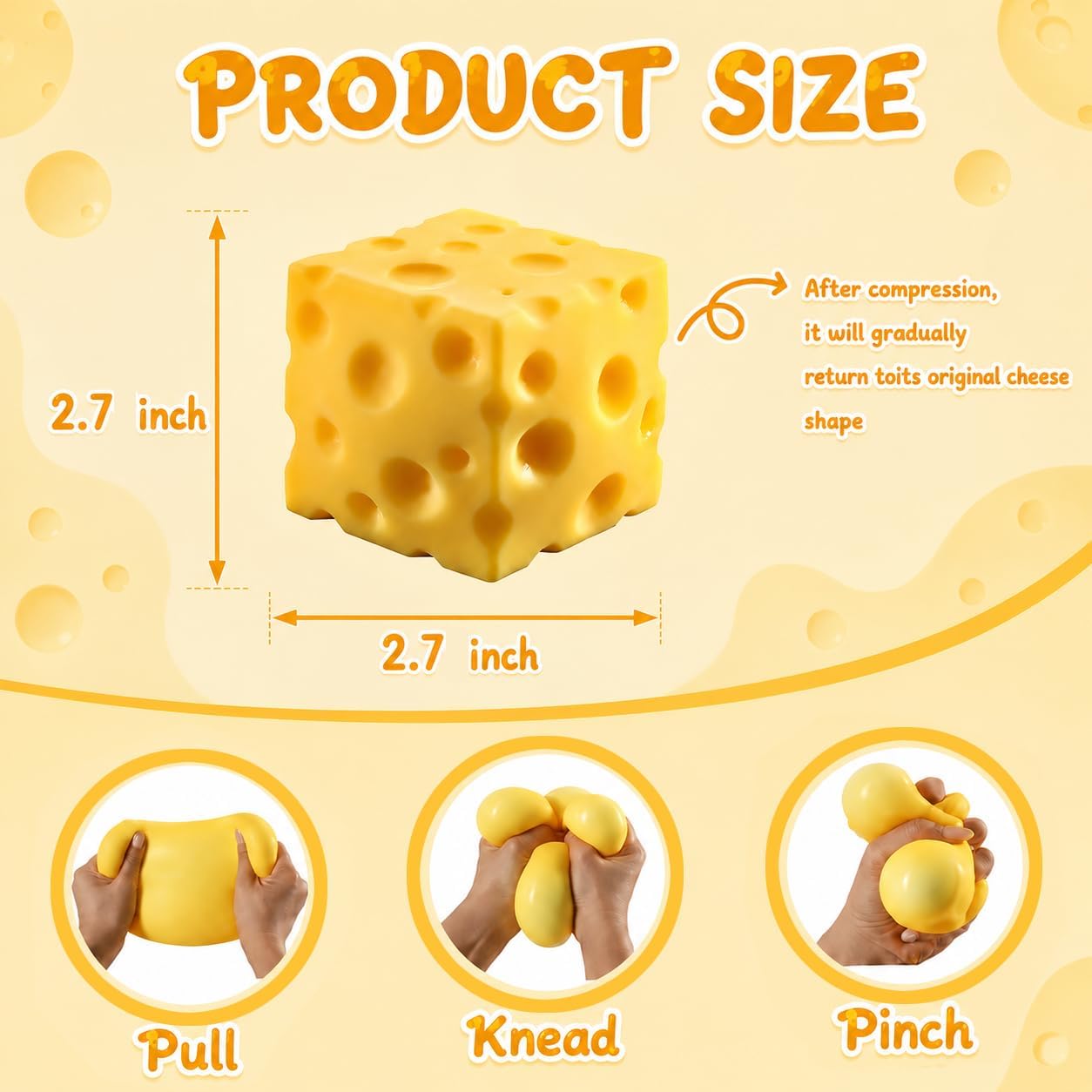 Cheese Squishy Toys, 2.8 Inch Yellow Cheese Squeeze Toy, Slow Rising Soft Cube Block of Cheese Squishy Sensory Fidget Toy Relieves Stress for Adults Office Travel Gifts Party Holiday (2.8 Inch)