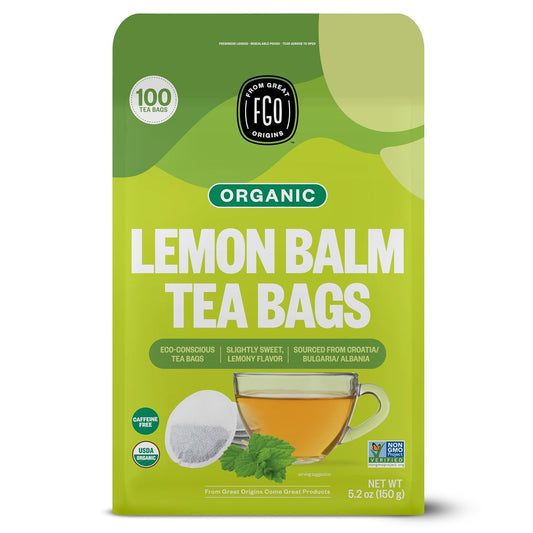 Organic Lemon Balm Tea, 100 Count, Eco-Conscious Herbal Tea Bags, Resealable Bag, Caffeine Free, Packaging May Vary (Pack of 1)