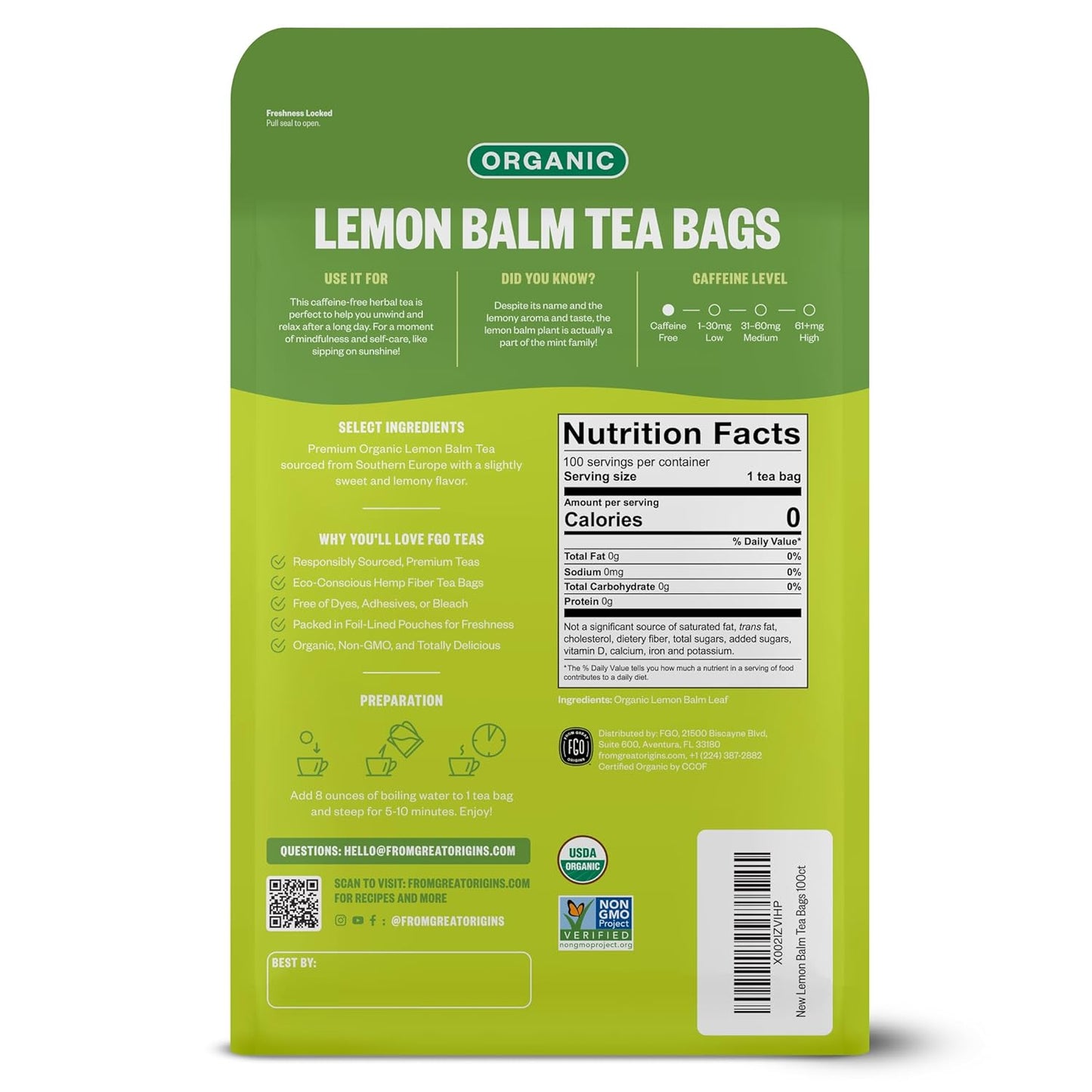 Organic Lemon Balm Tea, 100 Count, Eco-Conscious Herbal Tea Bags, Resealable Bag, Caffeine Free, Packaging May Vary (Pack of 1)