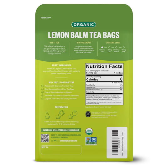 Organic Lemon Balm Tea, 100 Count, Eco-Conscious Herbal Tea Bags, Resealable Bag, Caffeine Free, Packaging May Vary (Pack of 1)