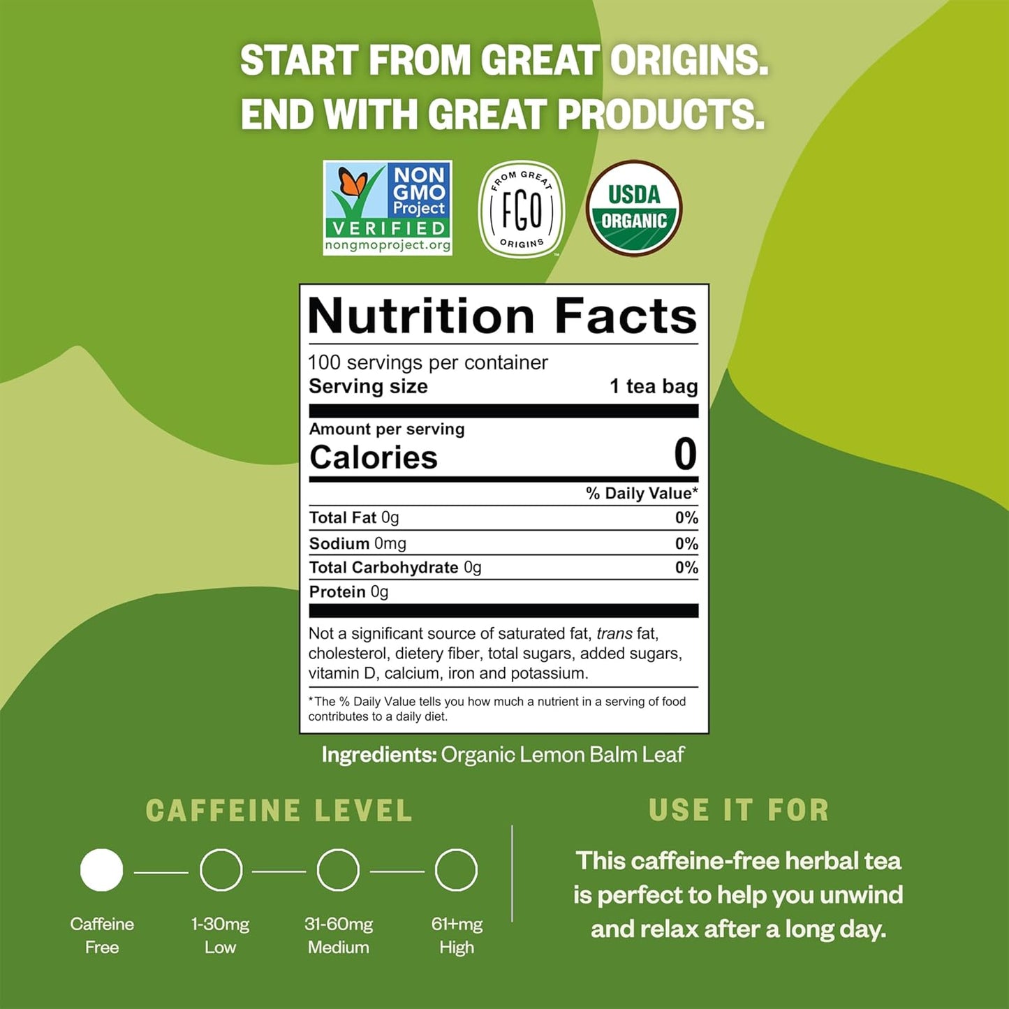 Organic Lemon Balm Tea, 100 Count, Eco-Conscious Herbal Tea Bags, Resealable Bag, Caffeine Free, Packaging May Vary (Pack of 1)