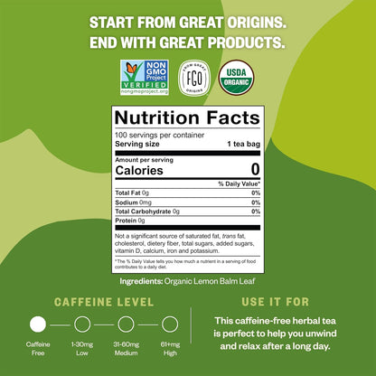 Organic Lemon Balm Tea, 100 Count, Eco-Conscious Herbal Tea Bags, Resealable Bag, Caffeine Free, Packaging May Vary (Pack of 1)