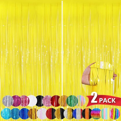 Macaron Yellow Metallic Tinsel Foil Fringe Curtains, 2 Pack 3.3x8.3 Feet Streamer Backdrop for Birthday Party Decorations, Yellow Tinsel Backdrop for Easter Thanksgiving Graduation, Mardi Gras Decor