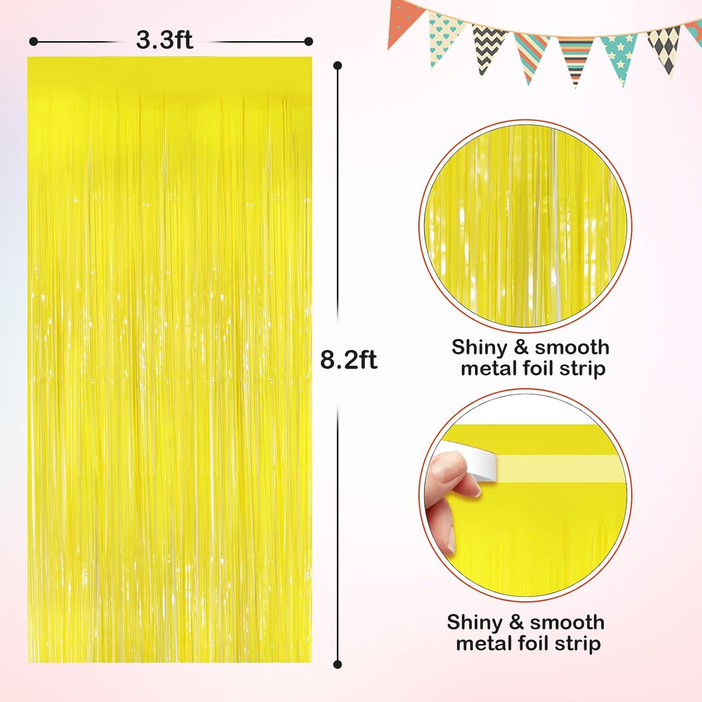 Macaron Yellow Metallic Tinsel Foil Fringe Curtains, 2 Pack 3.3x8.3 Feet Streamer Backdrop for Birthday Party Decorations, Yellow Tinsel Backdrop for Easter Thanksgiving Graduation, Mardi Gras Decor