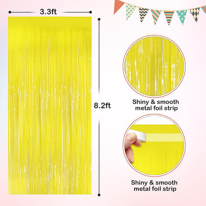 Macaron Yellow Metallic Tinsel Foil Fringe Curtains, 2 Pack 3.3x8.3 Feet Streamer Backdrop for Birthday Party Decorations, Yellow Tinsel Backdrop for Easter Thanksgiving Graduation, Mardi Gras Decor