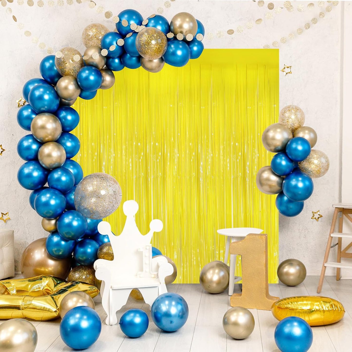 Macaron Yellow Metallic Tinsel Foil Fringe Curtains, 2 Pack 3.3x8.3 Feet Streamer Backdrop for Birthday Party Decorations, Yellow Tinsel Backdrop for Easter Thanksgiving Graduation, Mardi Gras Decor