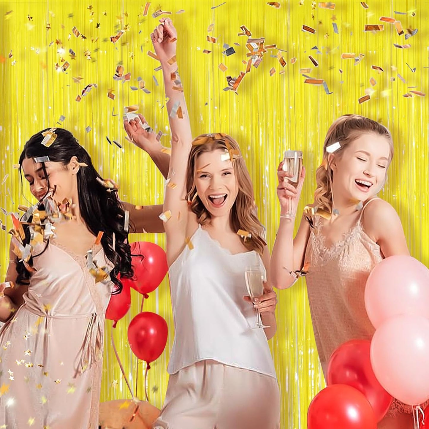Macaron Yellow Metallic Tinsel Foil Fringe Curtains, 2 Pack 3.3x8.3 Feet Streamer Backdrop for Birthday Party Decorations, Yellow Tinsel Backdrop for Easter Thanksgiving Graduation, Mardi Gras Decor