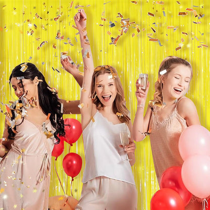 Macaron Yellow Metallic Tinsel Foil Fringe Curtains, 2 Pack 3.3x8.3 Feet Streamer Backdrop for Birthday Party Decorations, Yellow Tinsel Backdrop for Easter Thanksgiving Graduation, Mardi Gras Decor