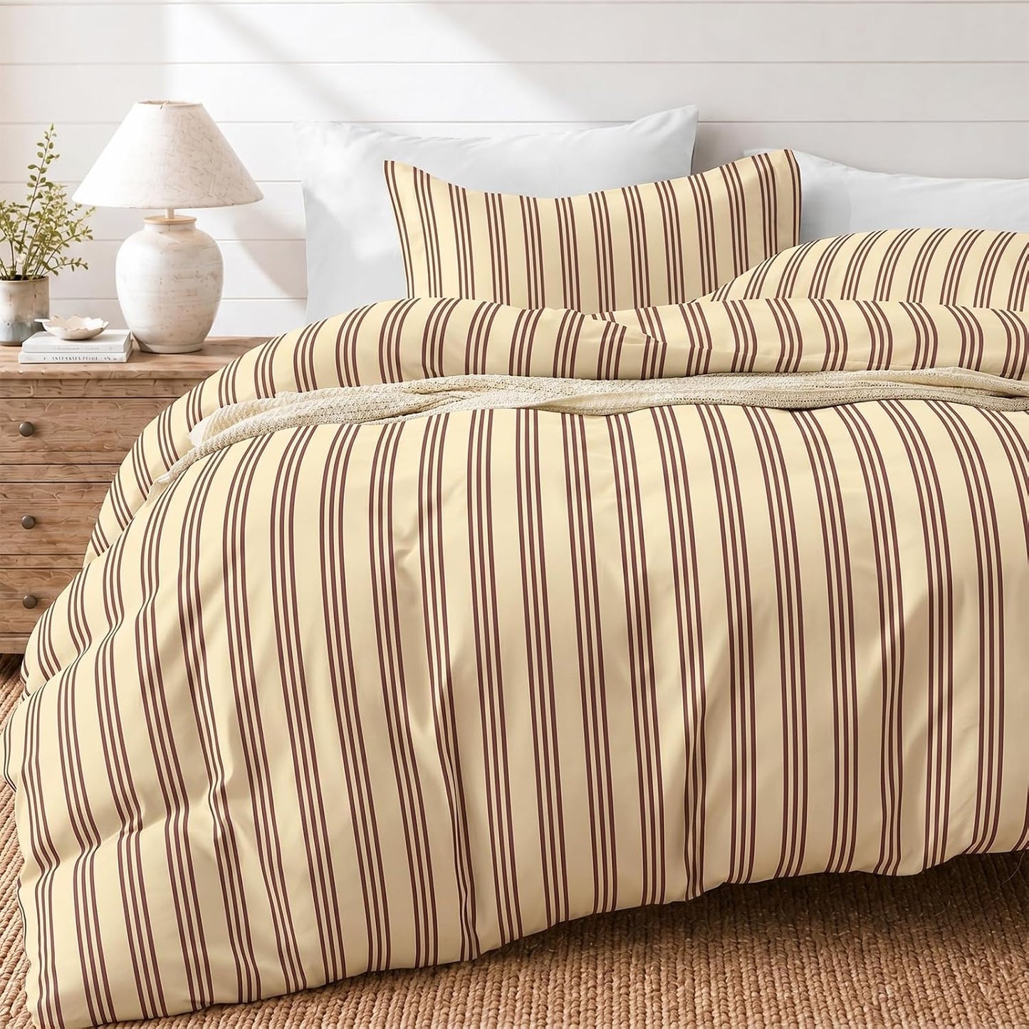 Striped Duvet Cover Queen, Yellow Duvet Cover with Red Stripes | Ultra Soft Brushed Microfiber, OEKO-TEX Certified, Breathable Bedding Set, Zip Closure, 8 Corner Ties, No Insert