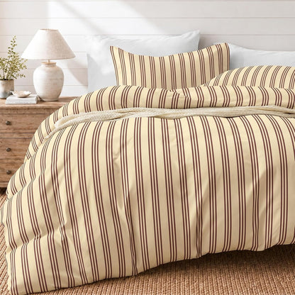 Striped Duvet Cover Queen, Yellow Duvet Cover with Red Stripes | Ultra Soft Brushed Microfiber, OEKO-TEX Certified, Breathable Bedding Set, Zip Closure, 8 Corner Ties, No Insert