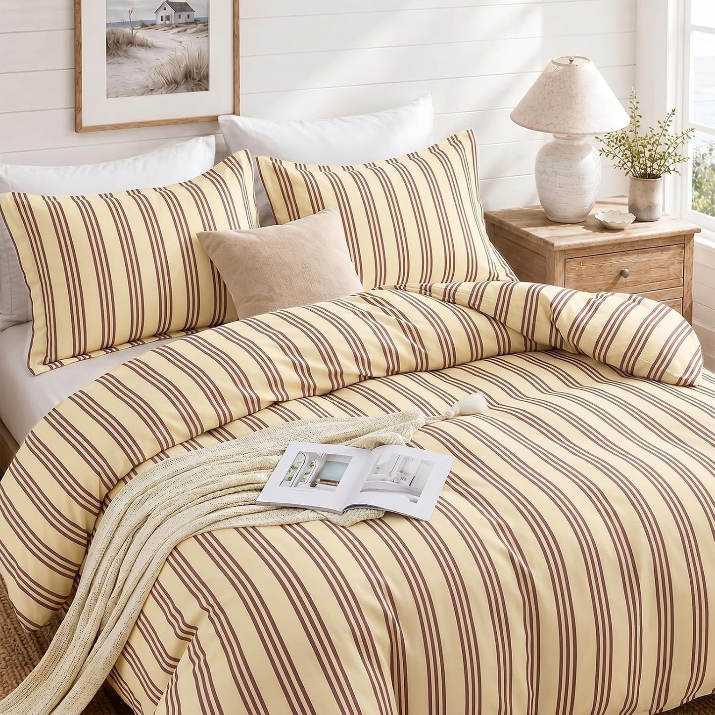Striped Duvet Cover Queen, Yellow Duvet Cover with Red Stripes | Ultra Soft Brushed Microfiber, OEKO-TEX Certified, Breathable Bedding Set, Zip Closure, 8 Corner Ties, No Insert