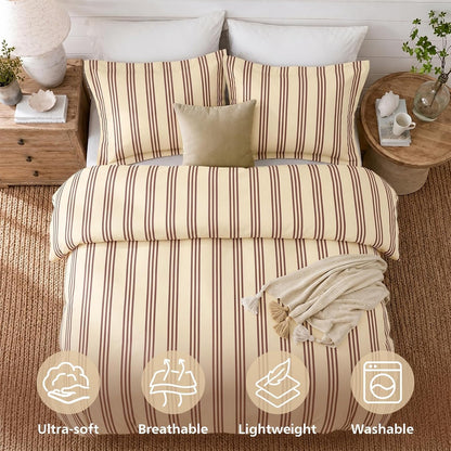 Striped Duvet Cover Queen, Yellow Duvet Cover with Red Stripes | Ultra Soft Brushed Microfiber, OEKO-TEX Certified, Breathable Bedding Set, Zip Closure, 8 Corner Ties, No Insert