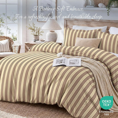 Striped Duvet Cover Queen, Yellow Duvet Cover with Red Stripes | Ultra Soft Brushed Microfiber, OEKO-TEX Certified, Breathable Bedding Set, Zip Closure, 8 Corner Ties, No Insert