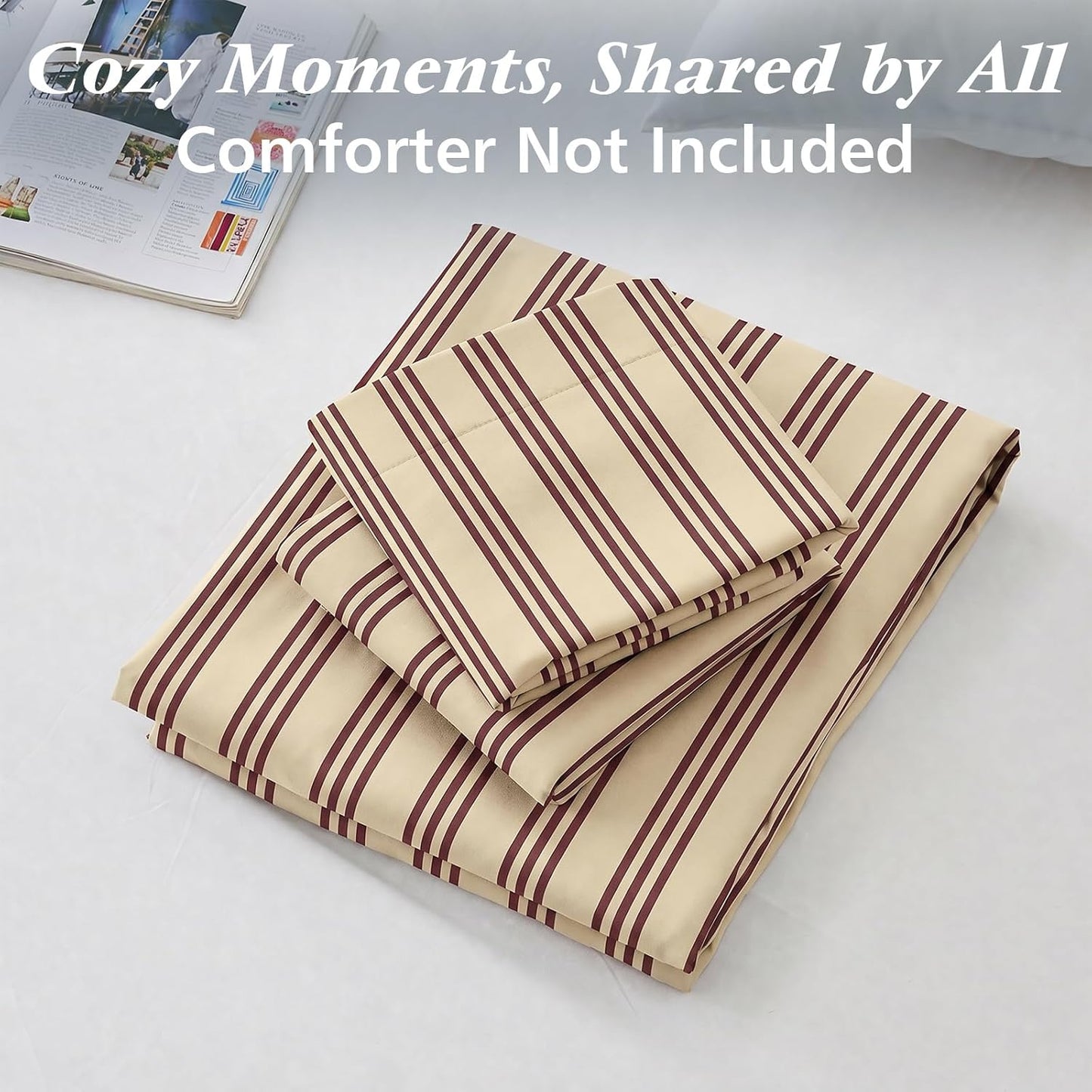 Striped Duvet Cover Queen, Yellow Duvet Cover with Red Stripes | Ultra Soft Brushed Microfiber, OEKO-TEX Certified, Breathable Bedding Set, Zip Closure, 8 Corner Ties, No Insert