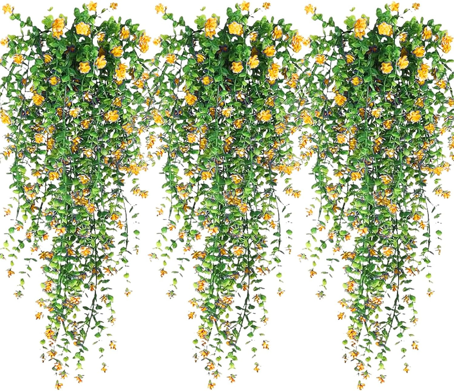 Artificial Hanging Flowers, 3 Pcs Fake Hanging Plants Artificial Vines for Outdoors, Fake Ivy Vine UV Resistant No Fade Faux Plants for Indoor Outside Garden Patio Yard Greenery Decoration (Yellow)