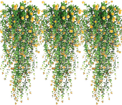 Artificial Hanging Flowers, 3 Pcs Fake Hanging Plants Artificial Vines for Outdoors, Fake Ivy Vine UV Resistant No Fade Faux Plants for Indoor Outside Garden Patio Yard Greenery Decoration (Yellow)