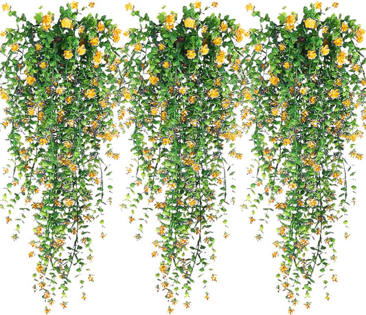 Artificial Hanging Flowers, 3 Pcs Fake Hanging Plants Artificial Vines for Outdoors, Fake Ivy Vine UV Resistant No Fade Faux Plants for Indoor Outside Garden Patio Yard Greenery Decoration (Yellow)