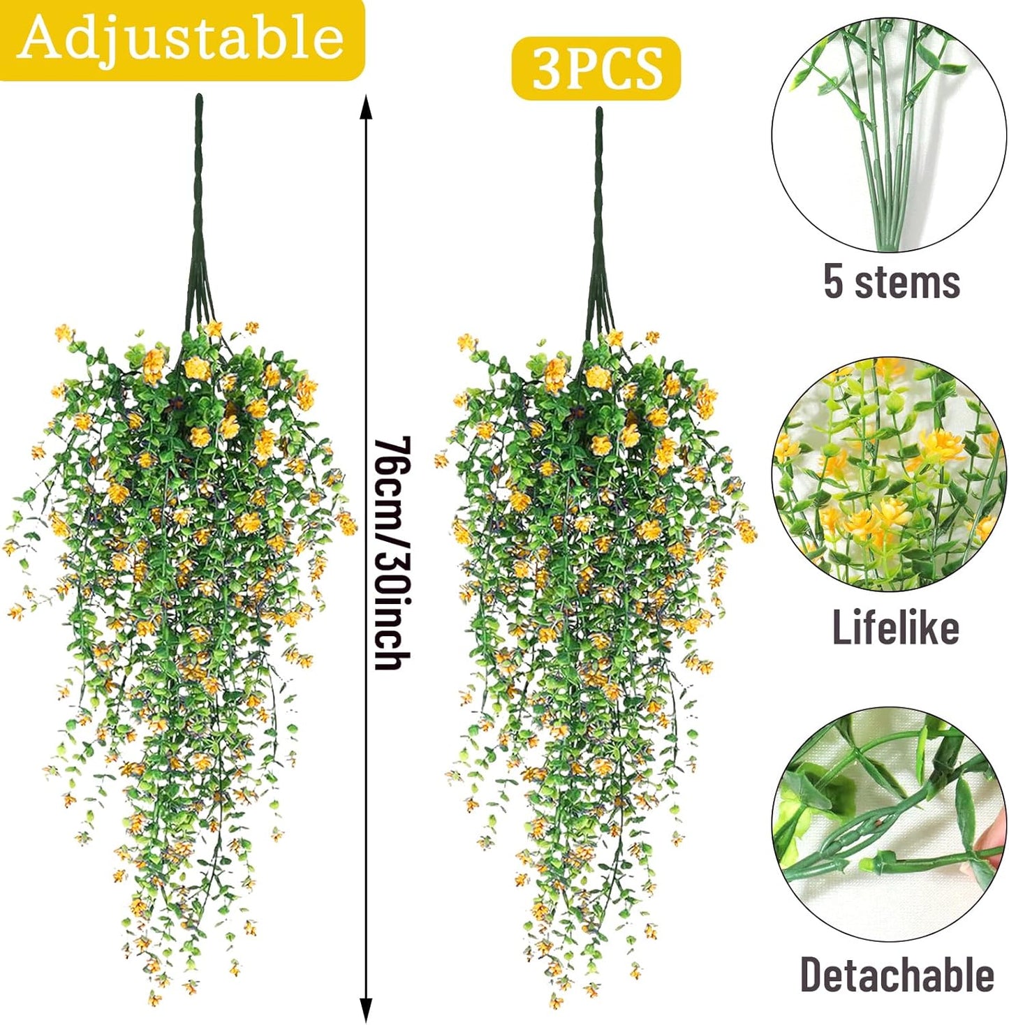 Artificial Hanging Flowers, 3 Pcs Fake Hanging Plants Artificial Vines for Outdoors, Fake Ivy Vine UV Resistant No Fade Faux Plants for Indoor Outside Garden Patio Yard Greenery Decoration (Yellow)