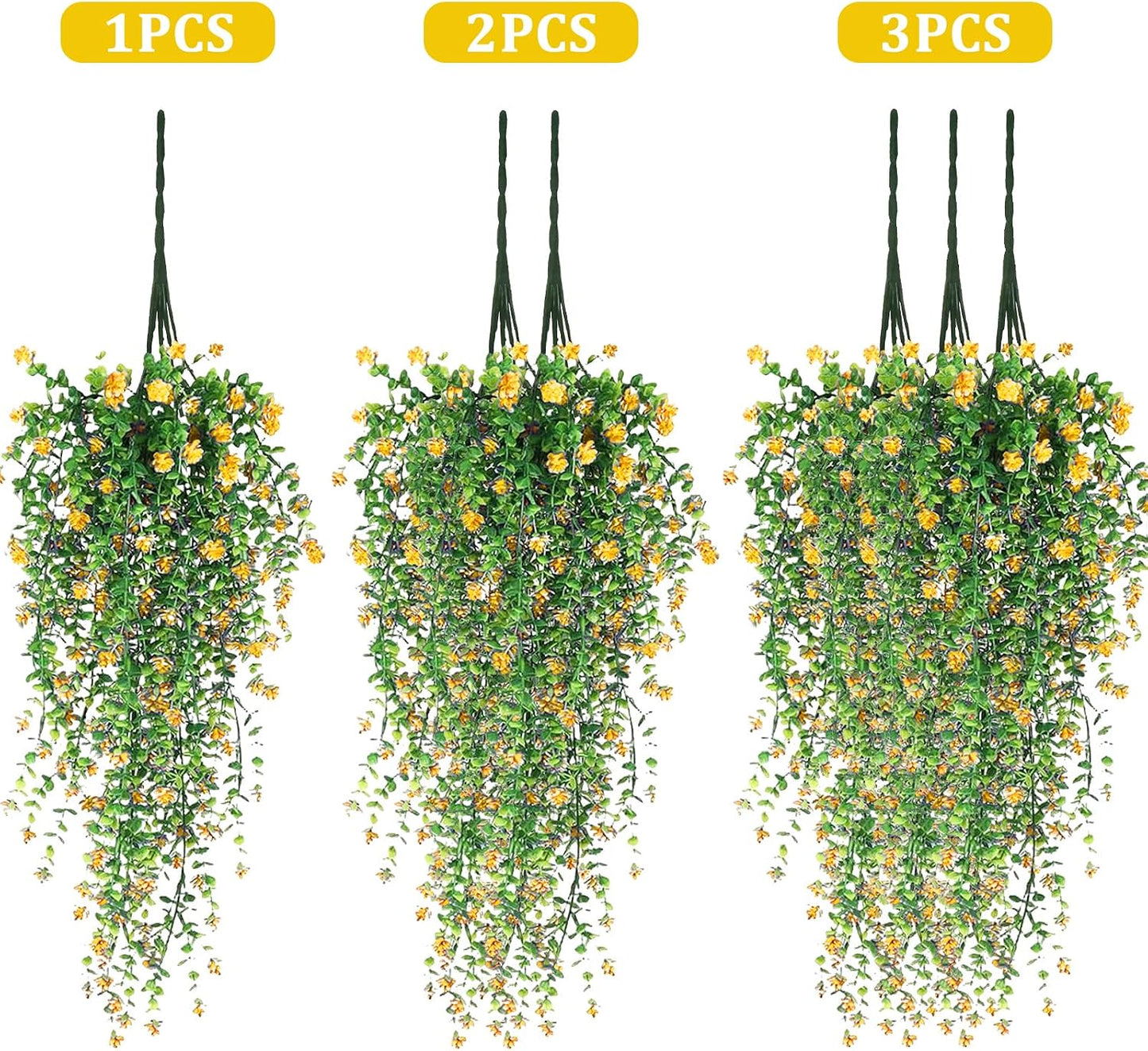 Artificial Hanging Flowers, 3 Pcs Fake Hanging Plants Artificial Vines for Outdoors, Fake Ivy Vine UV Resistant No Fade Faux Plants for Indoor Outside Garden Patio Yard Greenery Decoration (Yellow)