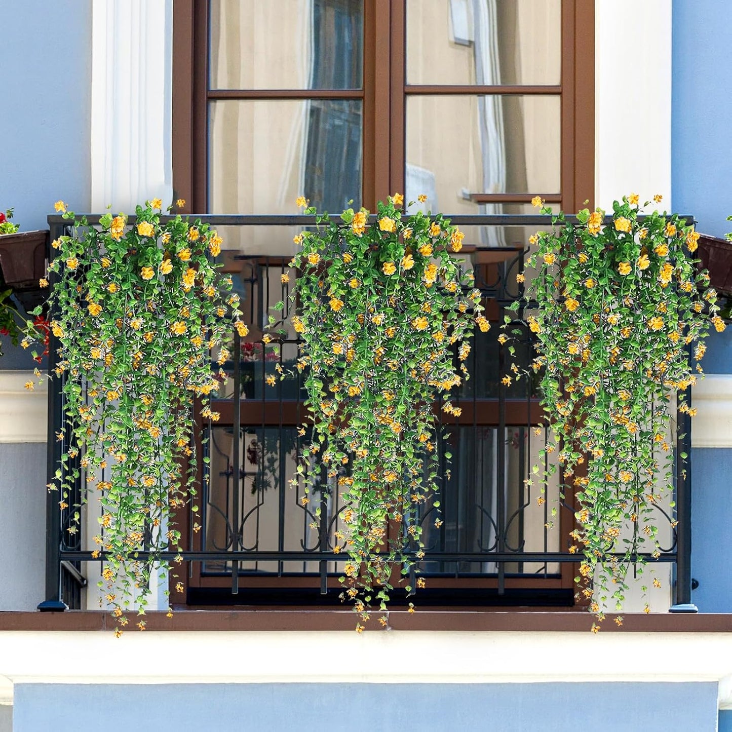 Artificial Hanging Flowers, 3 Pcs Fake Hanging Plants Artificial Vines for Outdoors, Fake Ivy Vine UV Resistant No Fade Faux Plants for Indoor Outside Garden Patio Yard Greenery Decoration (Yellow)