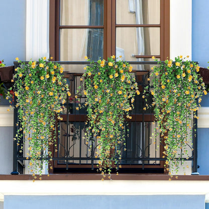 Artificial Hanging Flowers, 3 Pcs Fake Hanging Plants Artificial Vines for Outdoors, Fake Ivy Vine UV Resistant No Fade Faux Plants for Indoor Outside Garden Patio Yard Greenery Decoration (Yellow)
