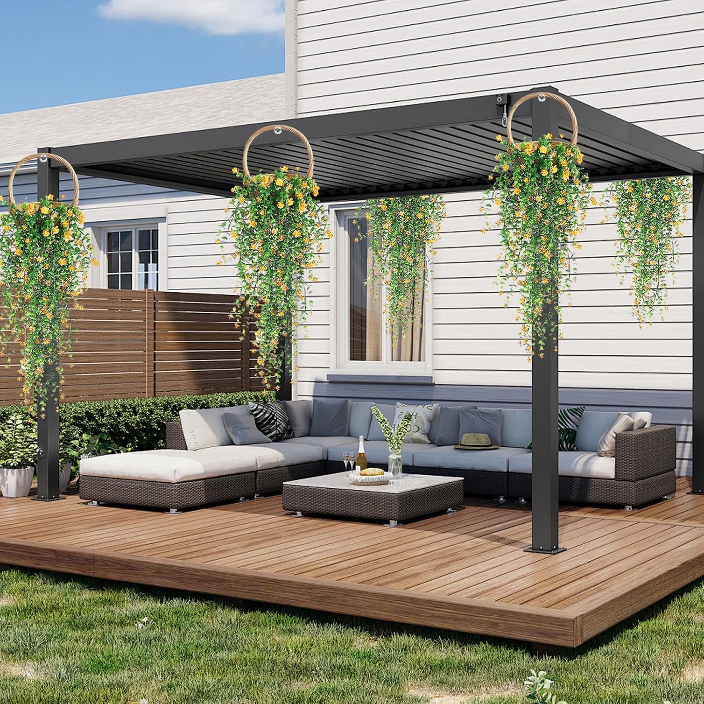Artificial Hanging Flowers, 3 Pcs Fake Hanging Plants Artificial Vines for Outdoors, Fake Ivy Vine UV Resistant No Fade Faux Plants for Indoor Outside Garden Patio Yard Greenery Decoration (Yellow)